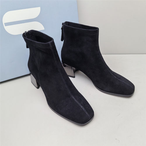 comely/康莉正品撤柜时尚方头粗跟女新款气质羊皮后拉链时装短靴