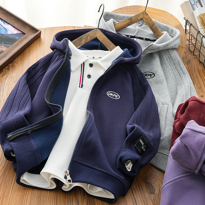 加绒连帽儿童卫衣外套秋冬款