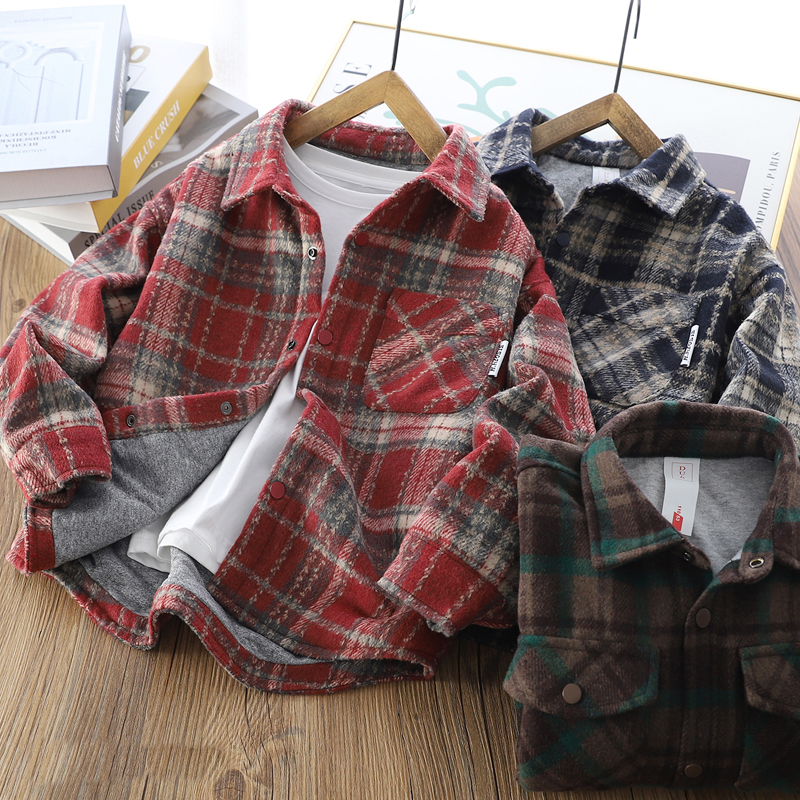 韩版秋冬男童夹棉格子衬衣洋气