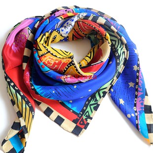 油画双绉真丝绸围巾纯桑蚕丝巾大方巾披肩春秋冬季领巾女披巾海蓝