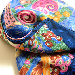 双绉真丝绸丝巾纯桑蚕丝大方巾围巾披肩春秋领巾女头巾海蓝色油画