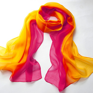 黄色红渐变色100%桑蚕丝长款真丝丝巾围巾女纱巾披肩春秋冬季百搭