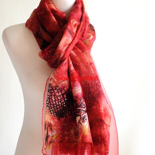 羊绒真丝加大长羊毛围巾女丝巾保暖披肩酒红领巾秋冬季新中式国风