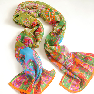 真丝羊毛围巾丝毛长款披肩春秋冬季桑蚕丝巾薄围脖领巾女橙黄绿色