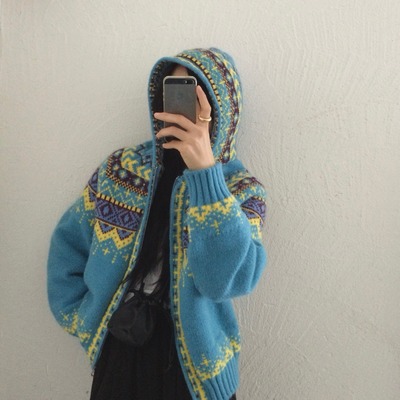 软糯费尔岛提花连帽毛衣外套女秋冬新款韩版宽松加厚拉链针织开衫