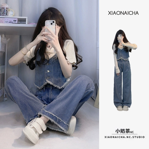 Ретро летний комплект, джинсовый жилет, приталенные прямые свободные джинсы, штаны, в американском стиле, эффект подтяжки, высокая талия