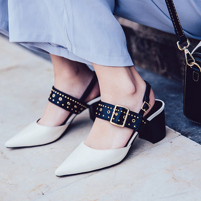 拼色粗跟女鞋淘丽达少女包头铆钉