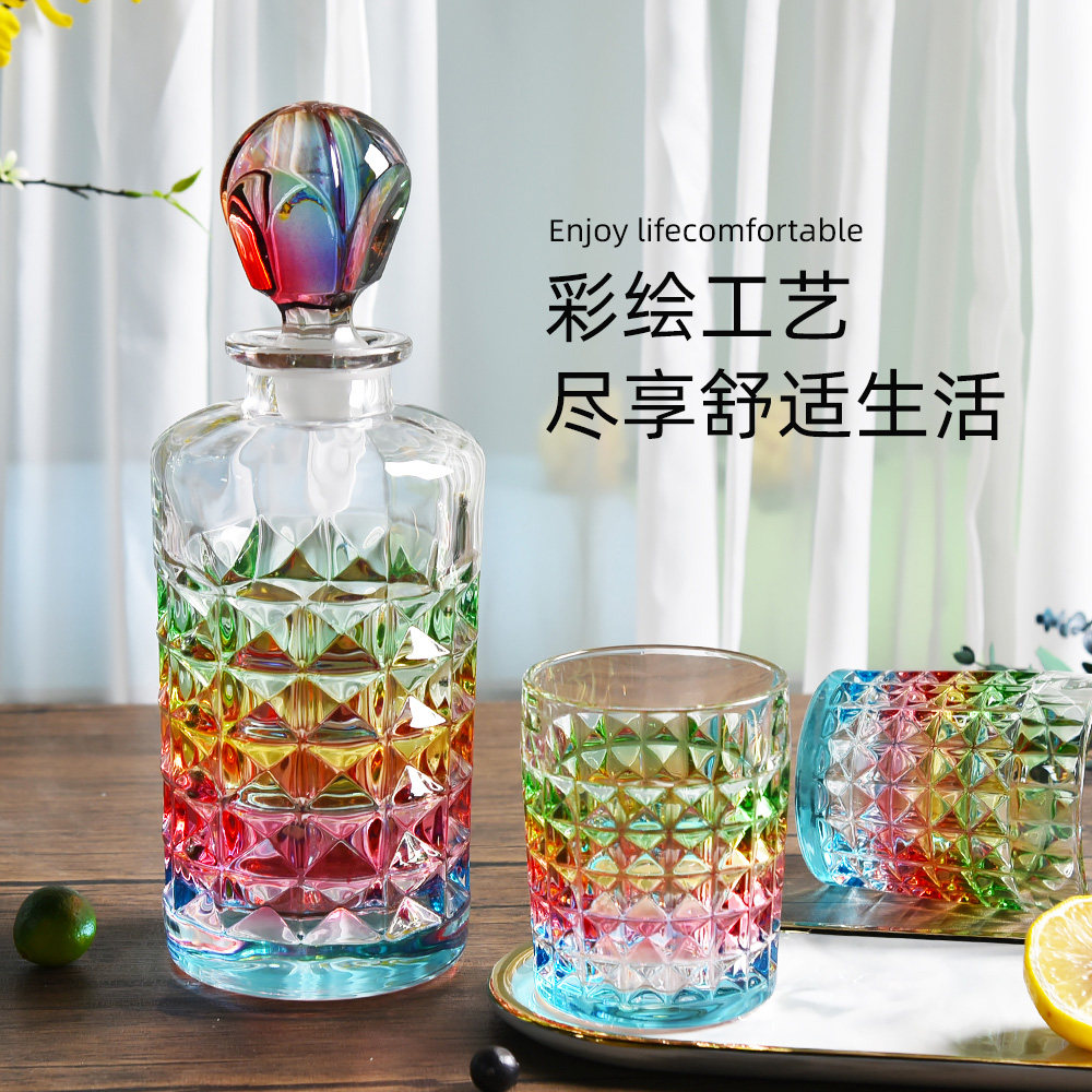 水晶玻璃喷绘酒具刻花酒杯套装彩色洋酒杯洋酒瓶家用水晶杯烈酒杯