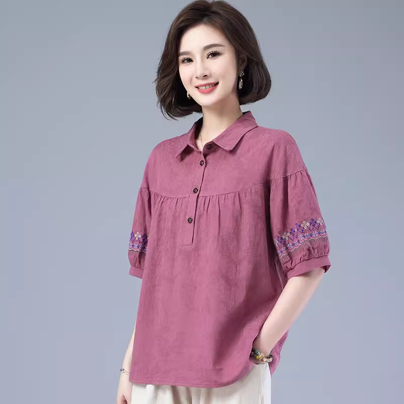 中年妈妈夏装洋气衬衫大码宽松上衣中老年人遮肚子短袖纯棉T恤女