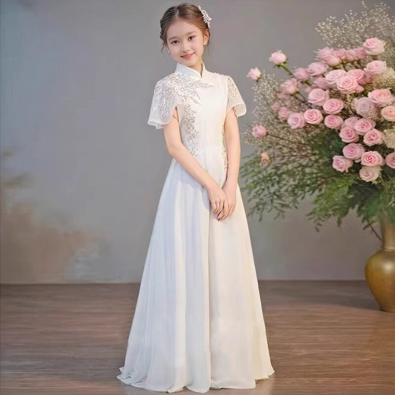 女童二胡古筝演出服儿童白色雪纺旗袍裙女孩中国风长款高端礼服裙
