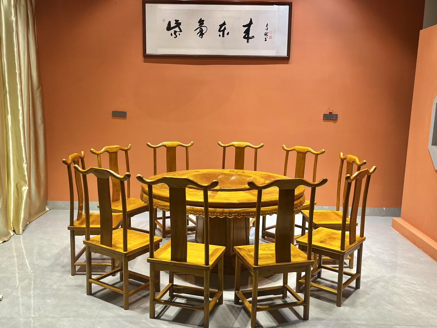 金丝楠木中式圆桌11件套转盘饭桌