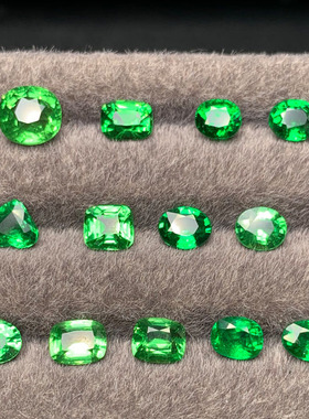天然沙弗莱裸石 艳绿色石榴石卡扎尼绿小颗干净透亮精切方形椭圆