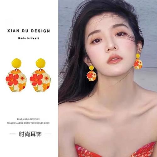 油画花朵法式复古耳环港