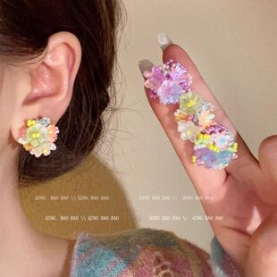 彩色多巴胺夏季 无耳洞耳夹高级感百搭耳钉耳饰 花朵耳环女时尚