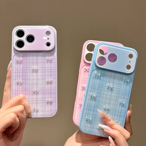 ins新款格纹立体蝴蝶结适用iPhone18promax手机壳秒变大视窗苹果17/16少女好看高级15/14高颜值防摔保护套13