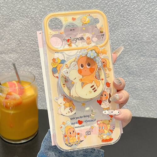 INS趣味鸭子星星人旋转元宝磁吸支架适用苹果17PRO手机壳iPhone16ProMax双层硬底15pro小众13/14防摔全包软边