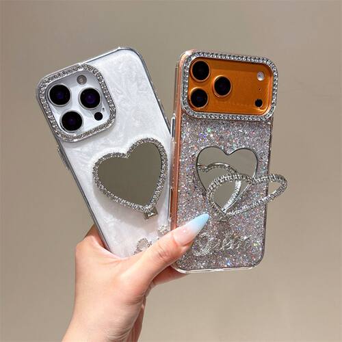 闪钻镜框适用苹果17promax手机壳镜子镜面新款女iphone16pm全包防摔16por带爱心支架15保护套14/13/12外壳