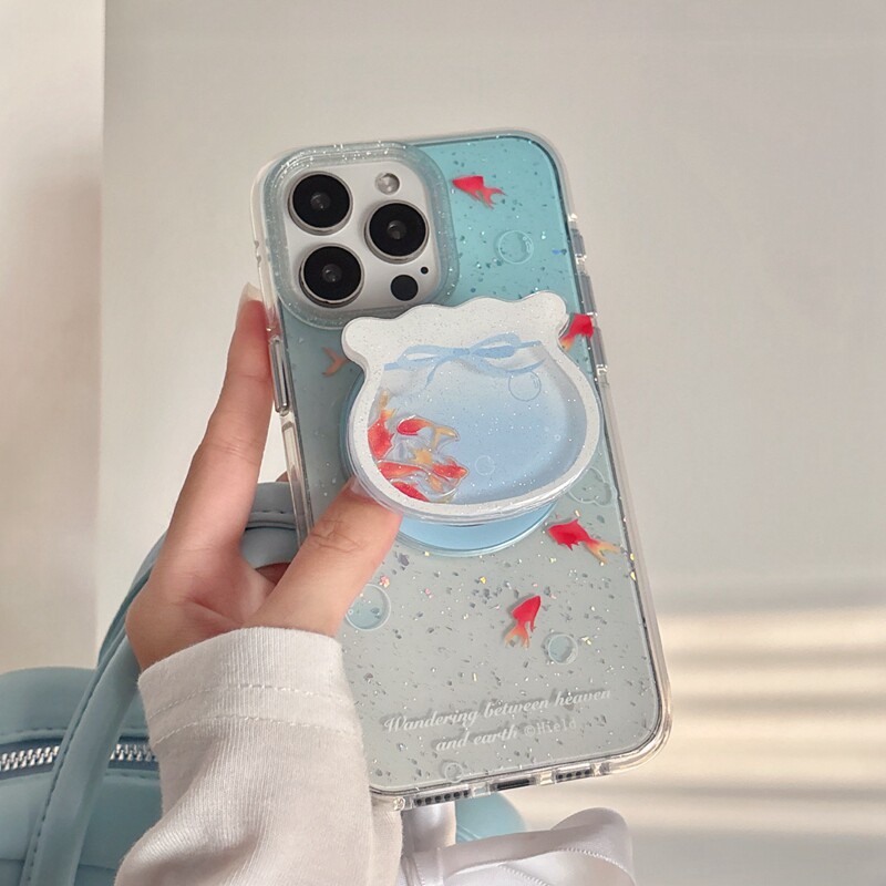 小清新渐变蓝气泡鱼缸磁吸支架适用苹果16promax手机壳15iphone14保护套13双层imd高级感创意摇摇乐17air