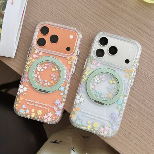 韩系ins风春日碎花围边360旋转一体磁吸支架适用苹果17promax手机壳iPhone18pro透明壳16女新款15防摔14/13