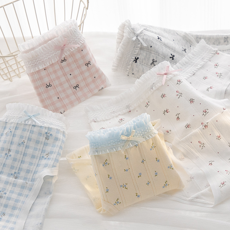 韩系蕾丝碎花少女内裤加长裆内裤女A类婴儿棉10a抗菌裆学生三角裤