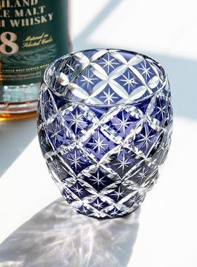 紫色椭圆七宝切子日式手工雕刻水晶玻璃杯江户切子高级感威士忌杯