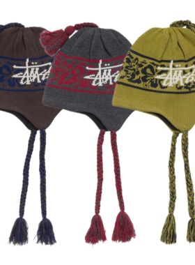 现货 STUSSY HAWAIIAN EARFLAP BEANIE 花卉针织保暖护耳帽 冷帽