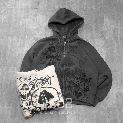 Stussy26ss涂鸦骷髅拉链卫衣