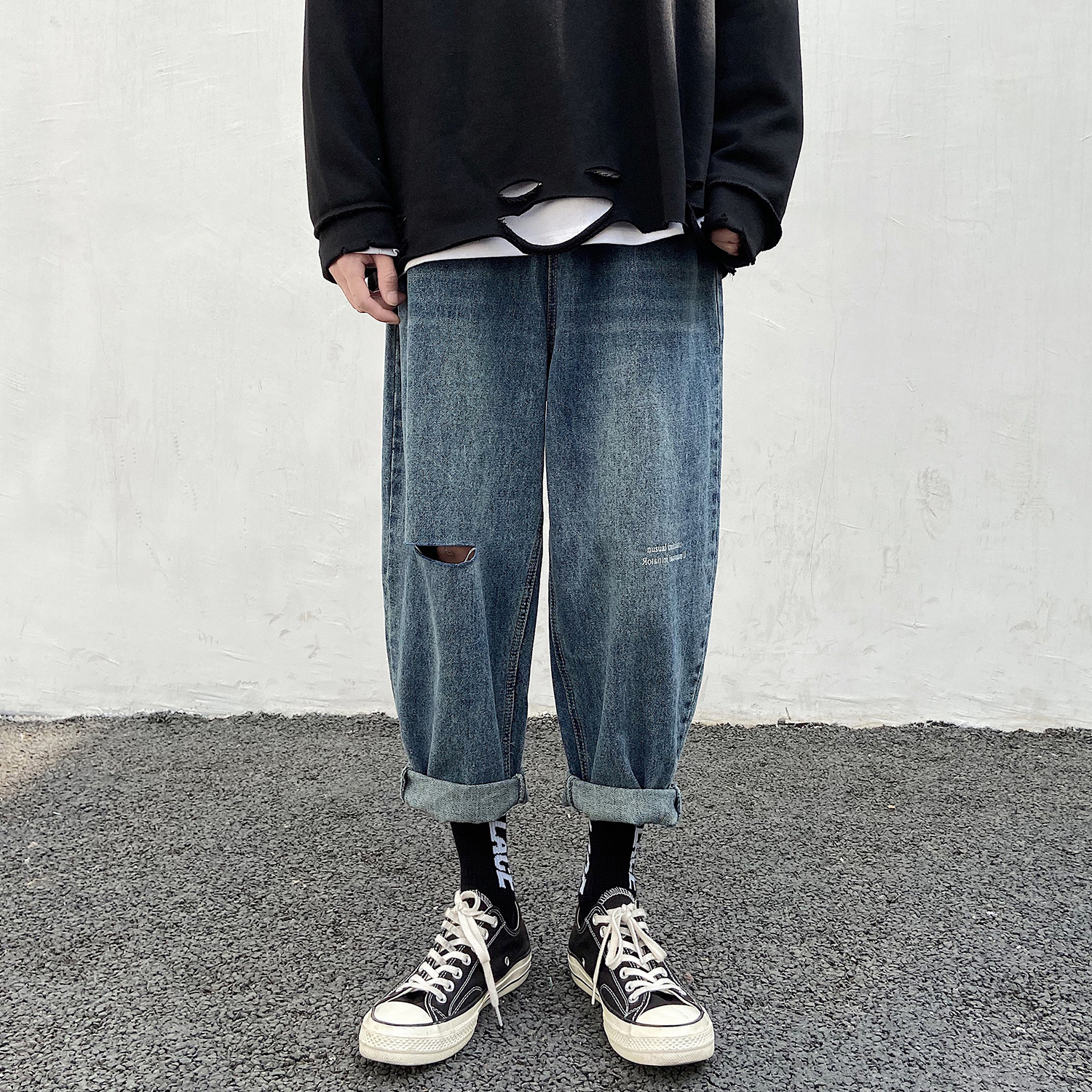 现货主推！2021春夏破洞牛仔九分裤男宽松老爹裤NB381P60,男装牛仔裤,电商C303