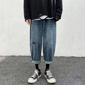 现货主推！2021春夏破洞牛仔九分裤男宽松老爹裤 NB381P60图片