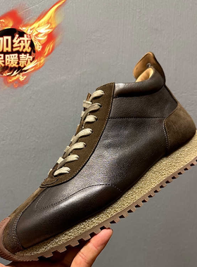 软皮休闲高帮鞋加绒2024秋冬新款百搭复古棉鞋时尚轻便舒适阿甘鞋