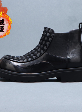 冬季厚底男士皮靴新款休闲高帮皮鞋男款真皮大头切尔西靴增高男靴