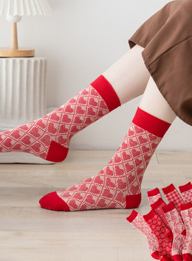 6双袜子女中筒秋冬厚款里外皆棉大红色女袜喜庆款女士袜子结婚袜