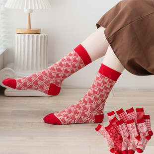 6双袜子女中筒秋冬厚款 女士袜子结婚袜 里外皆棉大红色女袜喜庆款