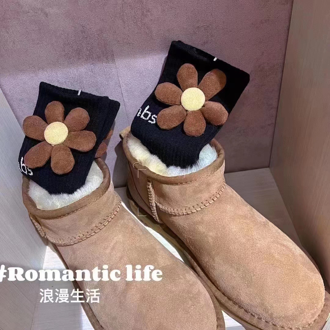 小花秋冬新款羊绒羊毛袜子中筒袜中筒袜