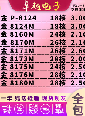 INTEL 铂金8124M 8160M 8171M 8173M 8175M 8176M 8180M P-8124