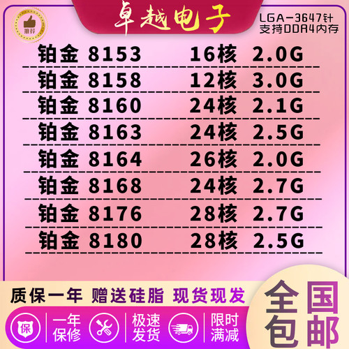 Intel铂金 8153 8158 8160 8163 8164 8168 8176 8180