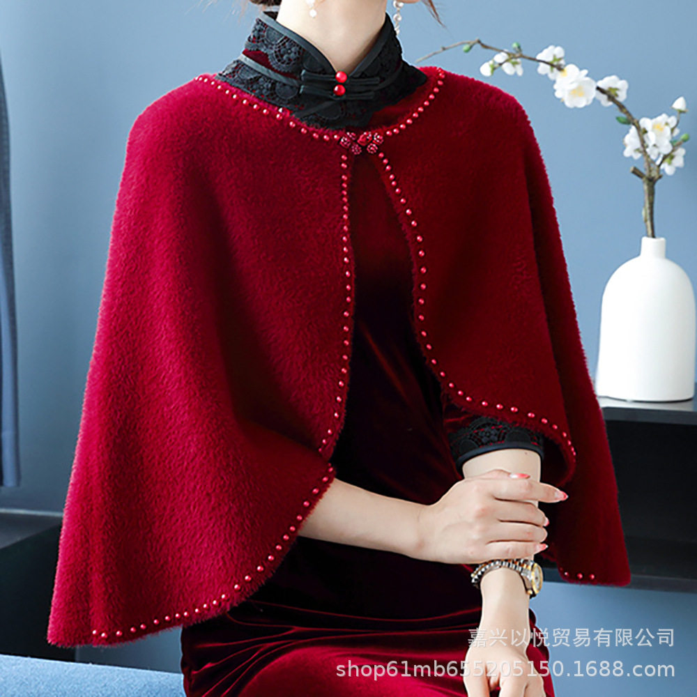 春秋冬短款仿水貂绒毛衣女披肩配旗袍外搭盘扣蝙蝠型针织开衫斗篷