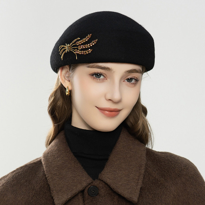 秋冬羊毛麦穗贝雷帽优雅中年女