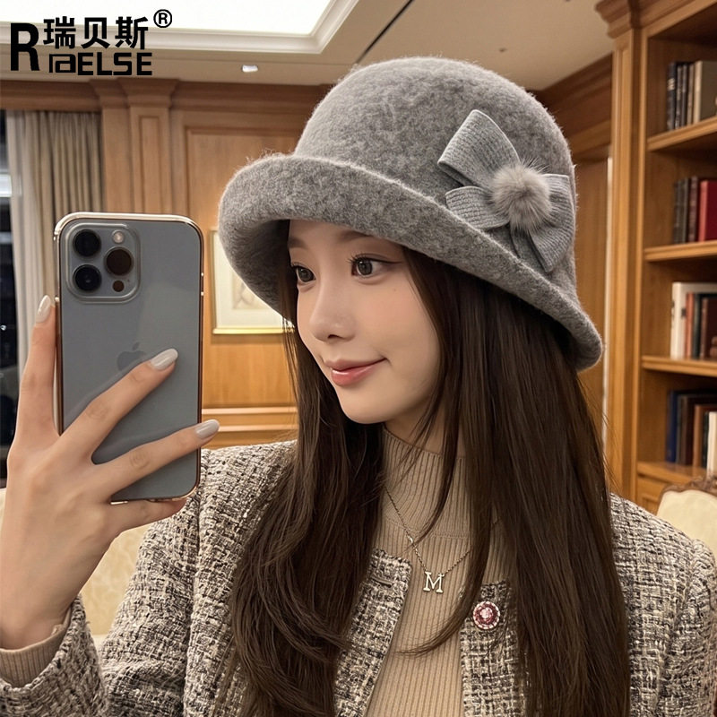 秋冬法式帽子蝴蝶结羊毛保暖盆帽女气质百搭优雅休闲时尚礼帽