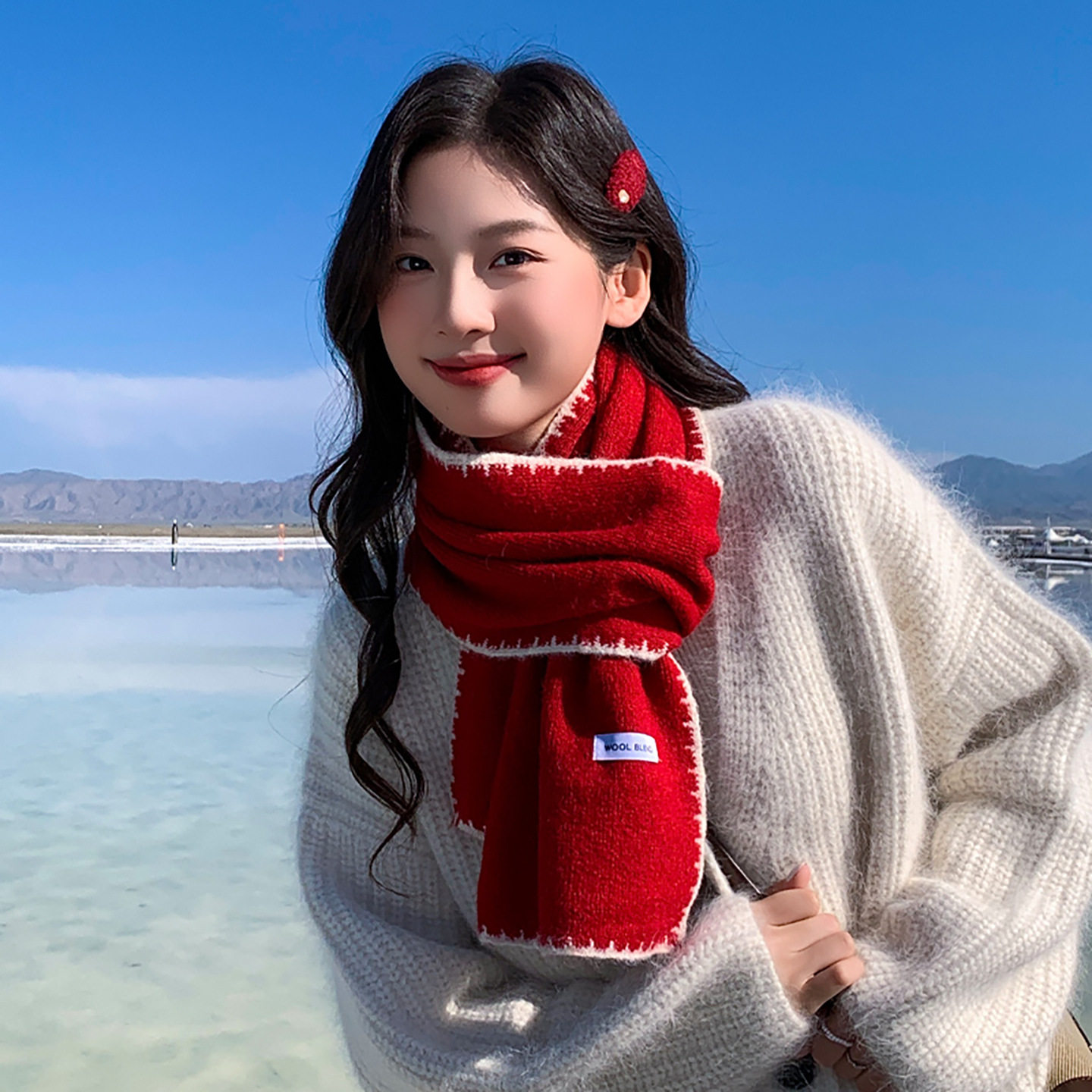 纯色软糯锁边毛线围巾女冬季感保暖围脖配大衣韩版百搭加厚款