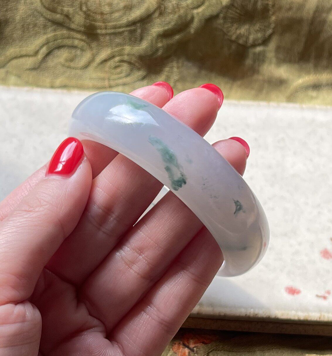 清婉 天然A货翡翠冰种飘花宽版厚实手镯 清透水润 底色干净仙气