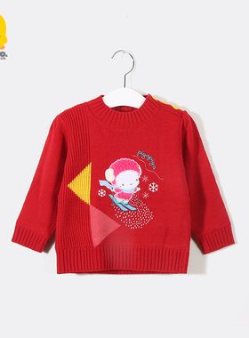 黄色小鸭秋冬女宝宝红毛衣2-4岁女童毛线衫打底上衣女孩童装外穿