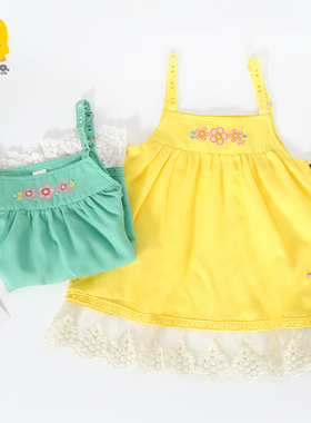 黄色小鸭女宝宝裙子夏季连身裙小童2-4岁蕾丝吊带裙婴儿背心裙