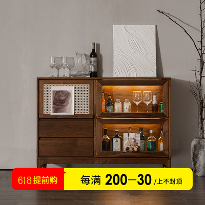 带灯简约黑胡桃木餐边柜实木多功能储物柜收纳茶水柜子藤编置物柜