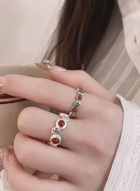 S925纯银铜钱南红戒指复古做旧