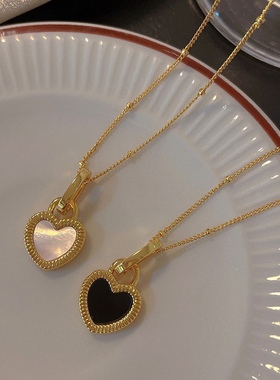925纯银爱心项链镀18K金白贝母玛瑙吊坠轻奢小众锁骨链女礼物