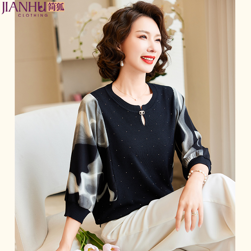 中年妈妈春装薄款针织洋气小衫2025新款中老年女装t恤上衣服套装