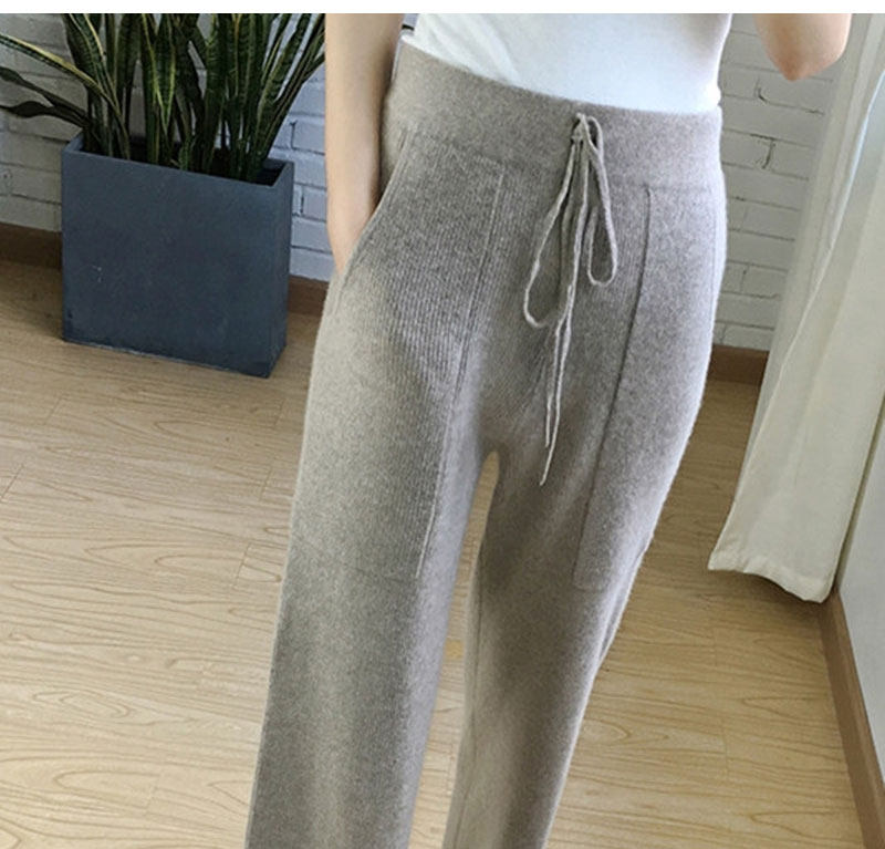 反季清仓秋冬100%纯羊绒高腰垂感阔腿裤女宽松休闲加长直筒针织裤