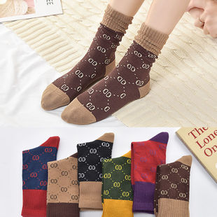 欧美潮牌拼色字母中筒袜子女纯棉堆堆袜2022韩国东大门长筒高筒