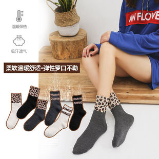 韩国东大门豹纹两杠袜子女纯棉中筒秋冬长筒袜长袜潮袜袜品堆堆袜